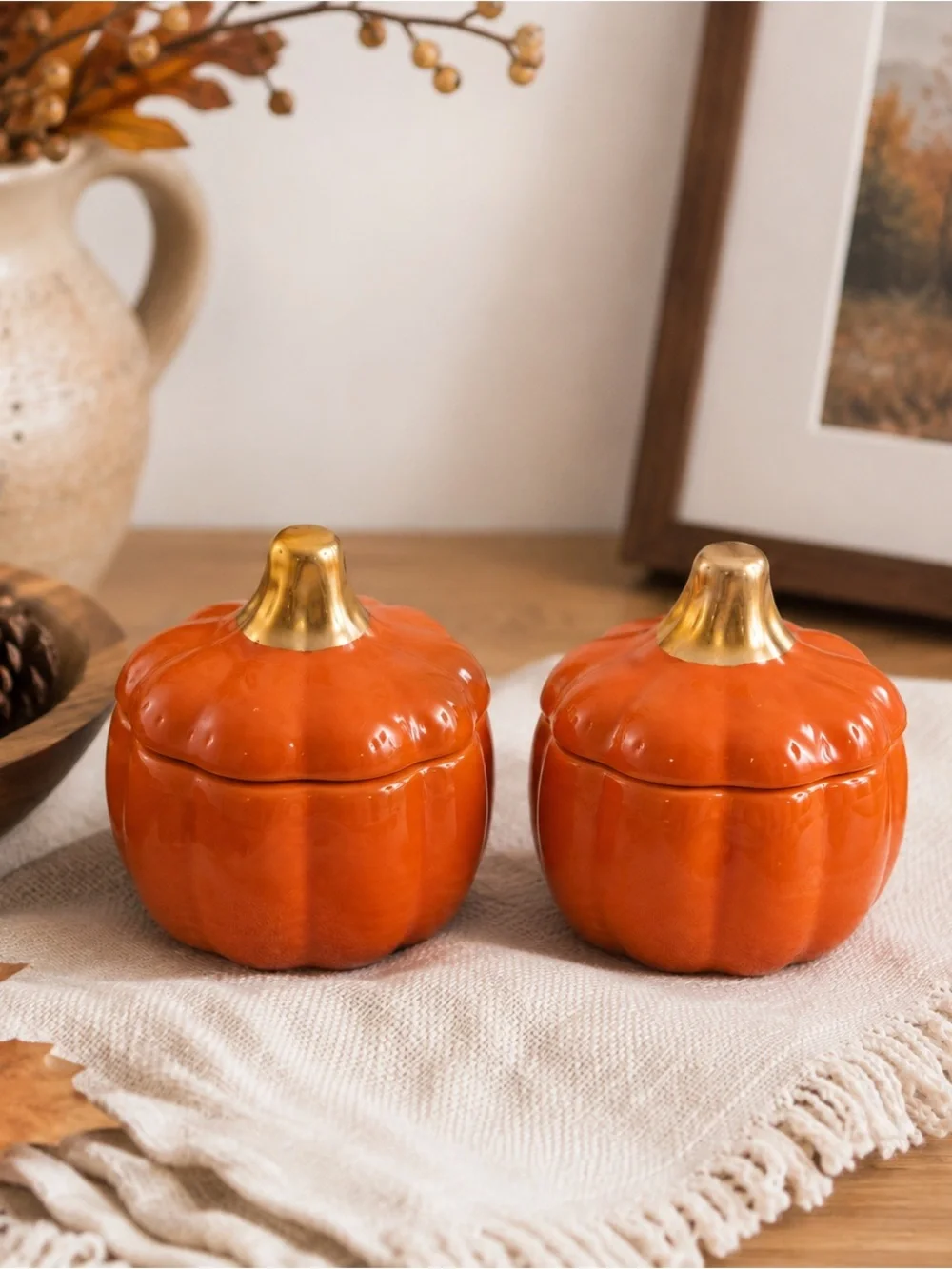 2-Pack Orange Pumpkin Fall Décor with Gold Stems – New
